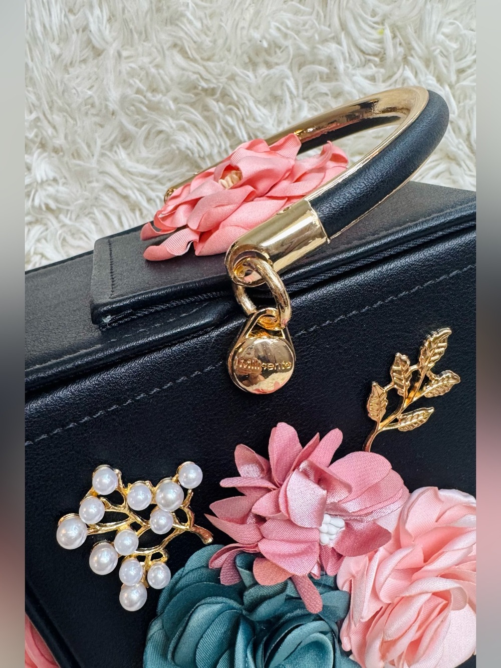 Cube Top Handle Bag with Multicolor Floral Appliqué and Gold Hardware - Picture 3 of 9
